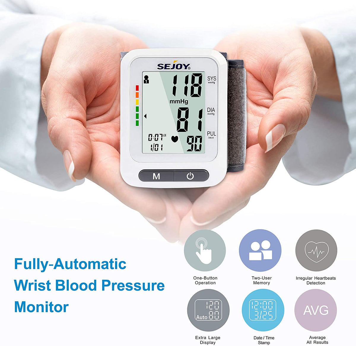 Wrist Blood Pressure Monitor with Large LED Display DBP-2261-WHI – SEJOY  Store