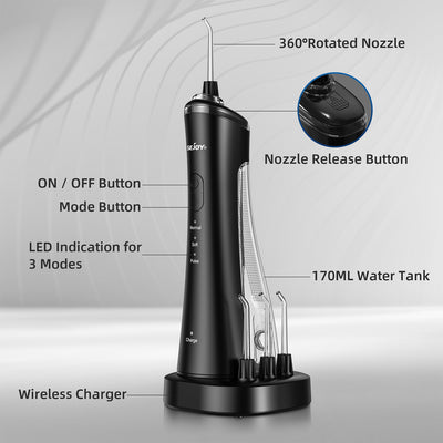Portable Oral Irrigator Black USB Inductive Charging With 3 Modes 4 Jet Tips Power Flossers & Irrigator Accessories SEJOY Store   