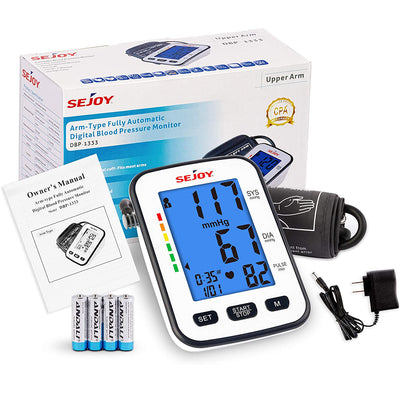 Sejoy Upper Arm Blood Pressure Monitor, Digital Automatic Sphygmomanometer for Home, Large Cuff, Pulse Rate Monitors, Size: XL, White