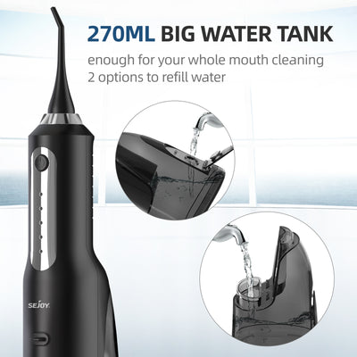 Portable Dental Oral Irrigator 270ML Black with 5 Modes 8 Jet Tips Power Flossers & Irrigator Accessories SEJOY Store   