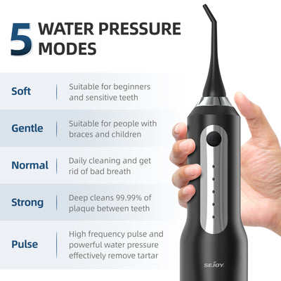 Portable Dental Oral Irrigator 270ML Black with 5 Modes 8 Jet Tips Power Flossers & Irrigator Accessories SEJOY Store   