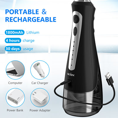 Portable Dental Oral Irrigator 230ML Black With 5 Modes 8 Jet Tips Power Flossers & Irrigator Accessories SEJOY Store   