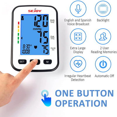 Automatic Blood Pressure Monitor, Upper Arm Large Adjustable Cuff, Backlit  Display, English and Spanish Voice Broadcast, Accurate Irregular Heartbeat  & Hypertension Detector, Digital BP Machine 