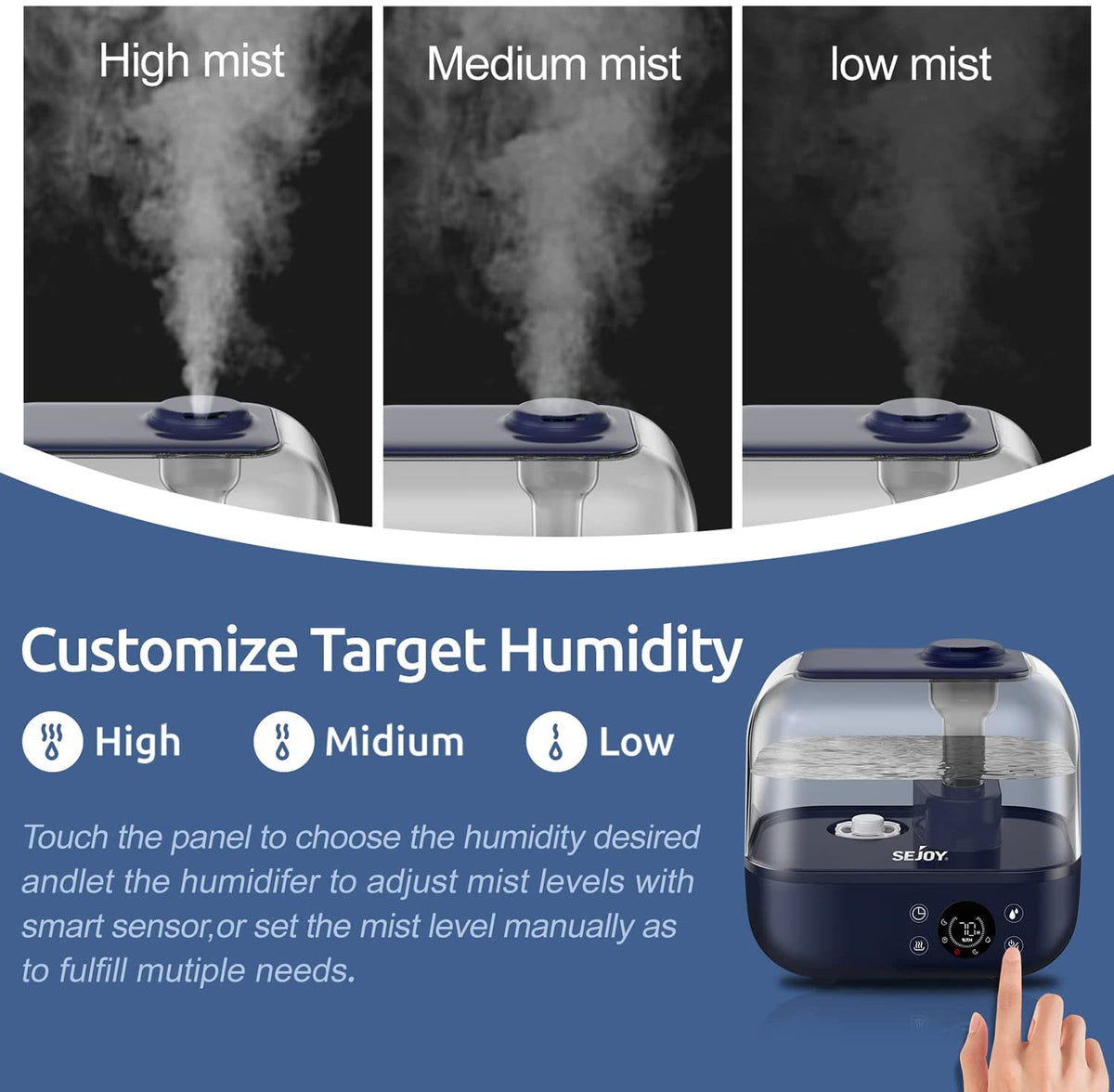 Ultrasonic Humidifiers for Bedroom Large Room 5L(1.3 Gal) Warm and Coo ...