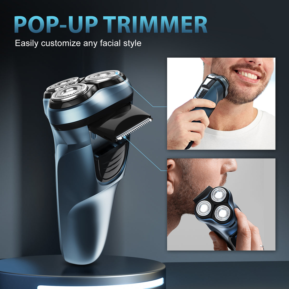 Men' Electric Shaver 3D Rotary Razor with Pop-up Sideburn Trimmer Blue ...